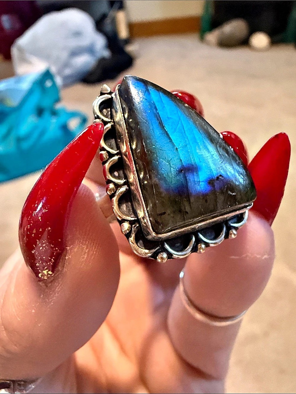Labradorite Statement Ring Blue Green adjustable